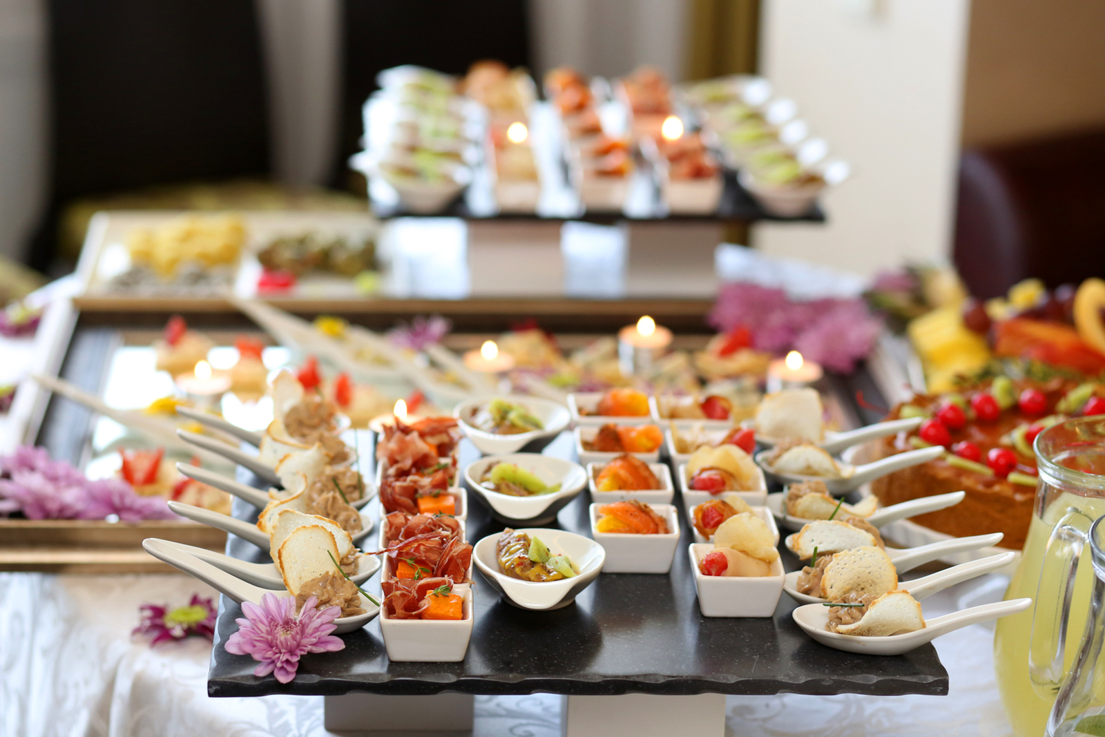 Luxury food and drinks on wedding table. Shallow DOF